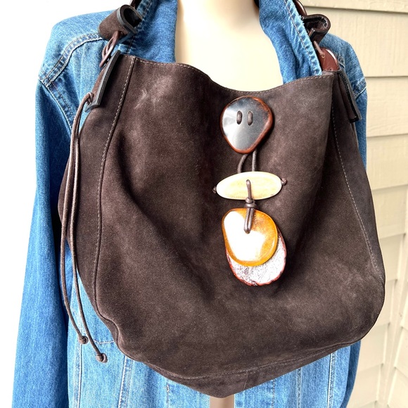 Desmo Handbags - DESMO Made in Italy Dark Brown Suede Shoulder Bag with Real Stones